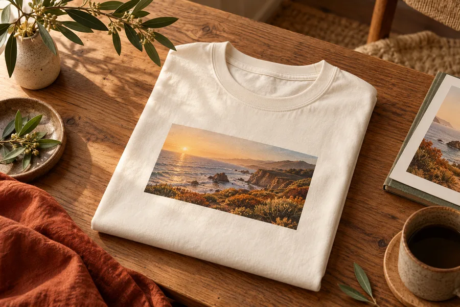 Concept mockup of an ivory T-shirt with a coastal landscape print