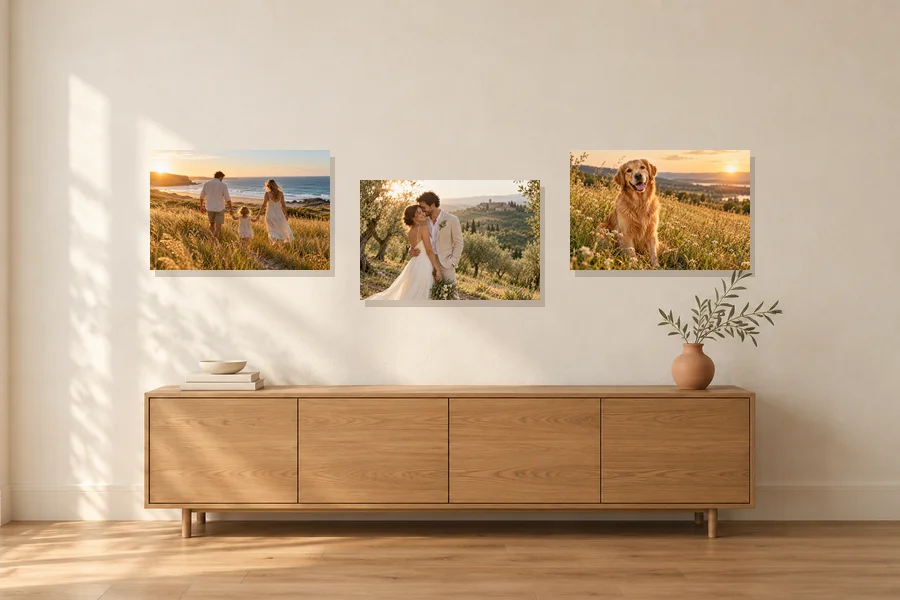Three canvas photos grouped above a sideboard