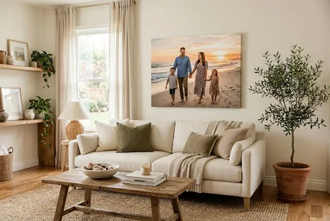 A family beach photo canvas above a linen sofa