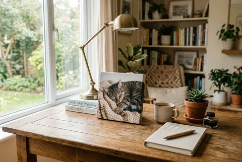 A mountain landscape canvas above a walnut console