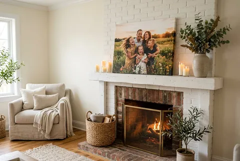 A wedding photo canvas on a bedroom wall
