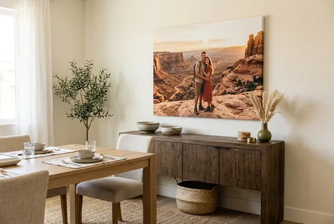 A golden retriever photo canvas on a hallway wall