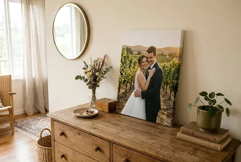 A grandparents garden portrait canvas on a stair landing
