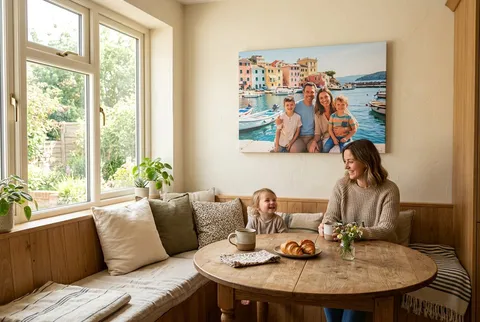 A dog photo canvas leaning on an oak desk