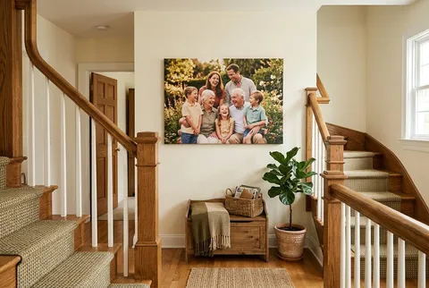 A newborn feet photo canvas leaning on a bedside table