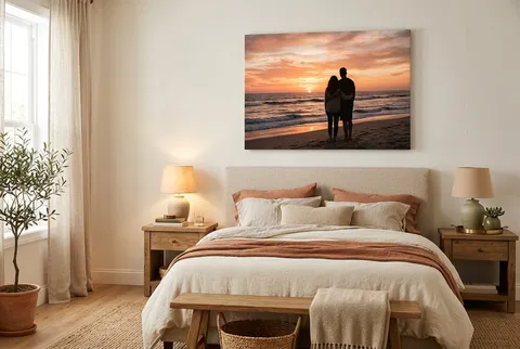 A family beach canvas leaning on a mantel