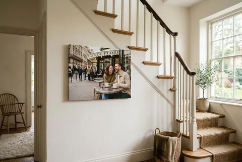 A wedding photo canvas leaning on a dresser