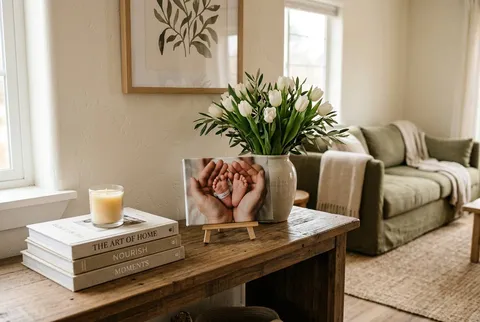 A cat photo canvas on a bookshelf