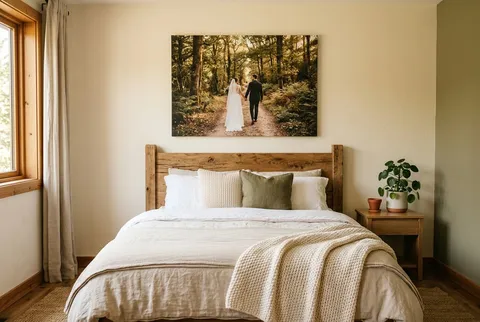 A mountain sunrise canvas leaning on a desk