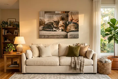 A siblings garden photo canvas on a side table