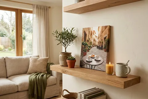 An ocean wave canvas leaning on an entry console