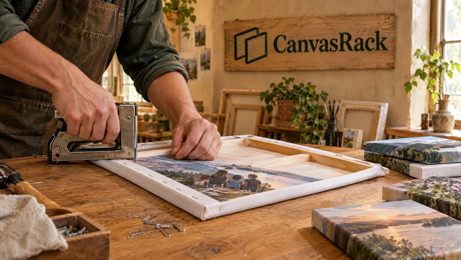 Canvas Rack workshop — stretching and finishing a custom photo canvas by hand